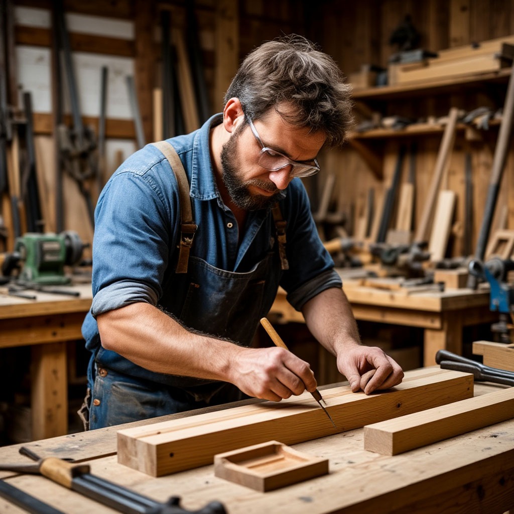 Woodworker crafting fine furniture using hand tools in workshop